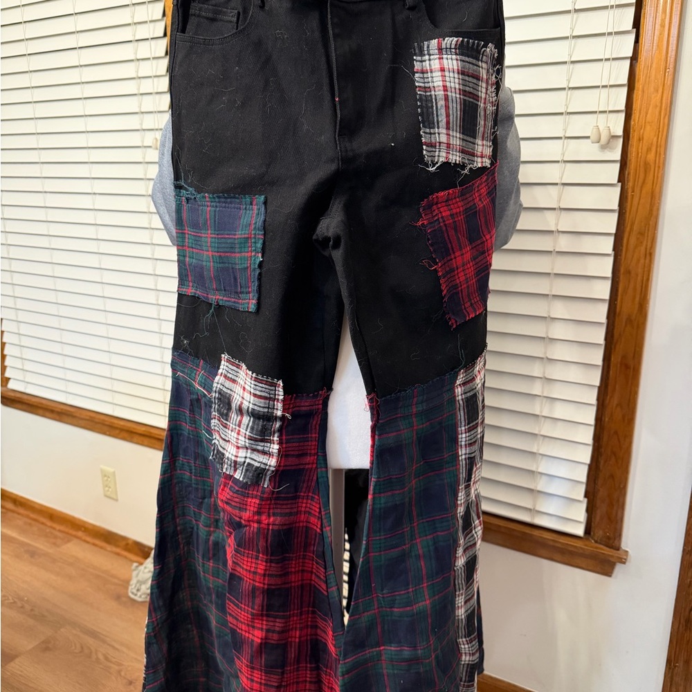 Dolls Kill Current Mood Black and Plaid Patchwork Jeans. New w/tags